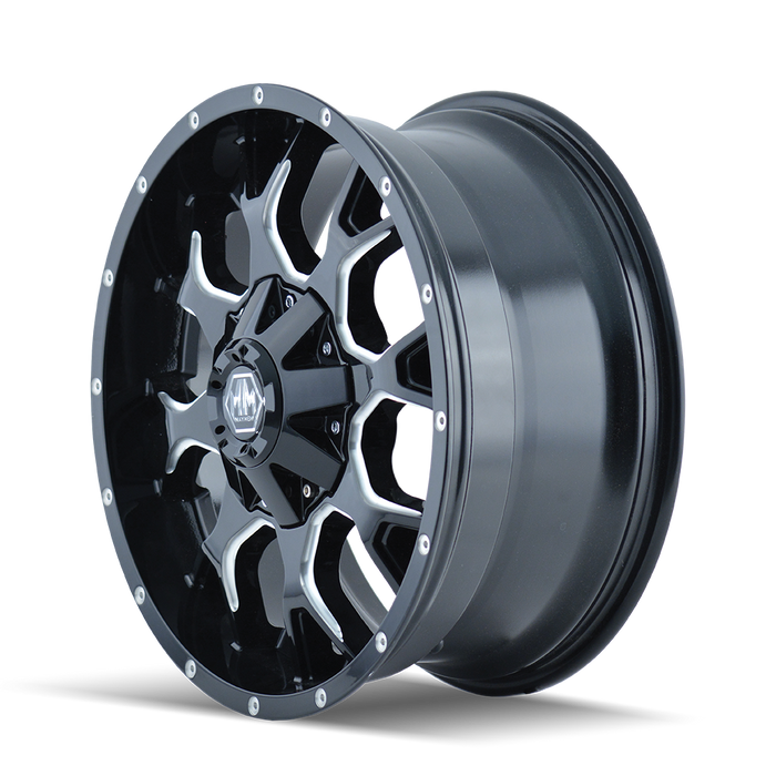 Mayhem 8015 Warrior Gloss Black Milled wheel profile view showing 18mm offset