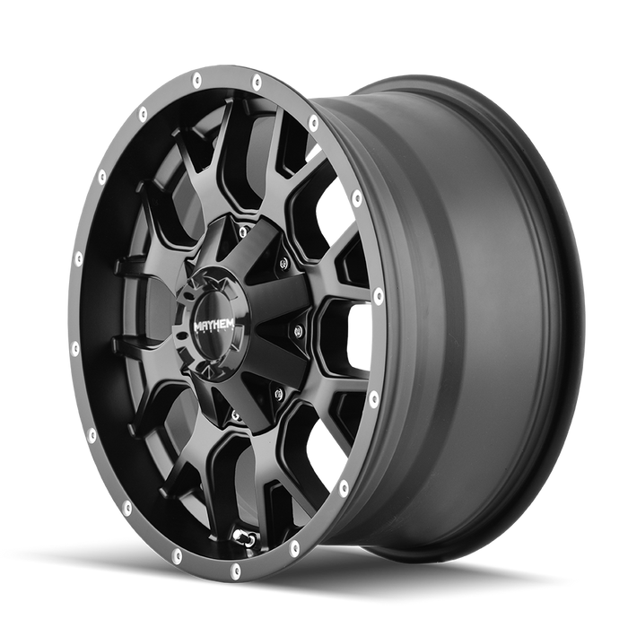 Mayhem 8015 Warrior wheel center cap and Matte Black face detail close up