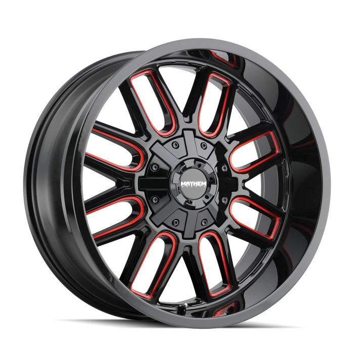 Mayhem 8107 Cogent Gloss Black Milled Prism Red truck wheel front face view