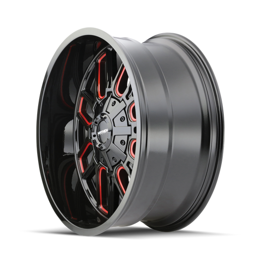 Mayhem 8107 Cogent Gloss Black Milled Prism Red wheel angled three quarter view
