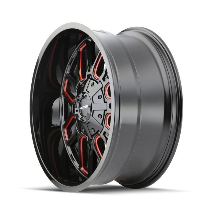 Mayhem 8107 Cogent Gloss Black Milled Prism Red wheel angled three quarter view