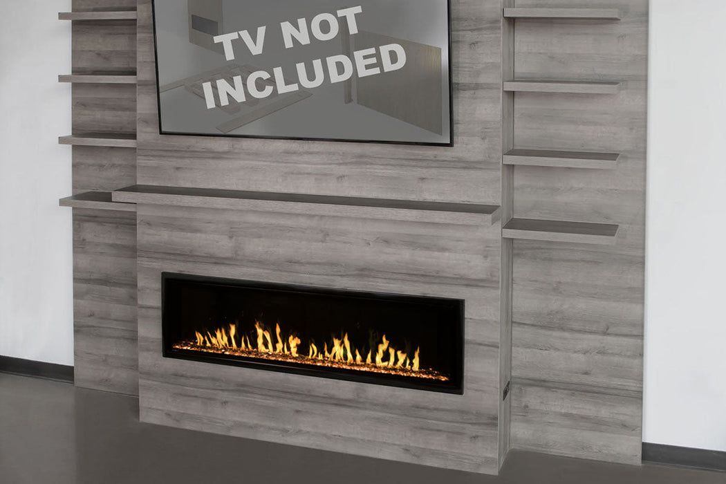 Modern Flames Allwood Fireplace Media Wall in Driftwood Gray | 60'' Orion Slim Heliovision Electric Fireplace Modern Flames
