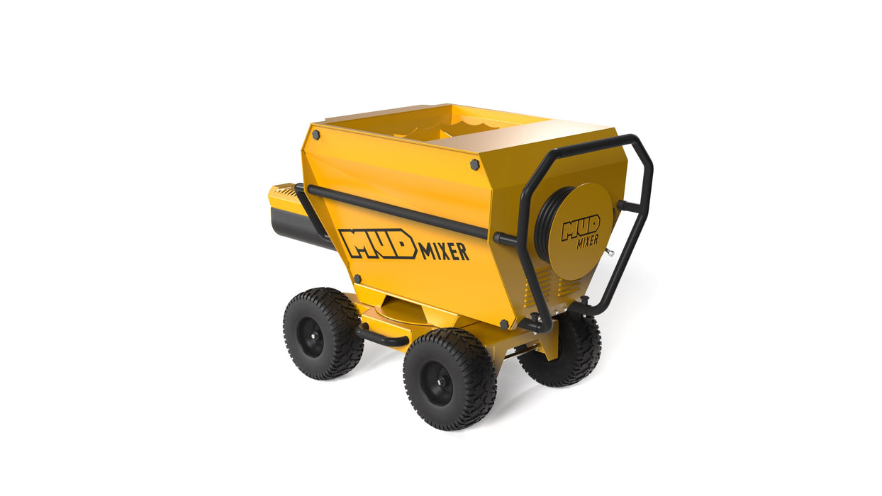 MudMixer Pro rear view showing wrap-around handle and hopper