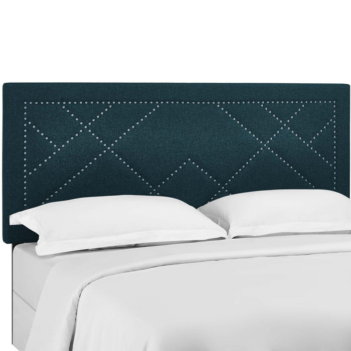Modway Reese Nailhead Upholstered Linen Fabric Headboard Bedroom Furniture in Blue