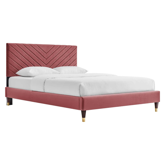 Roxanne Performance Velvet Platform Bed With Wood and Gold Legs