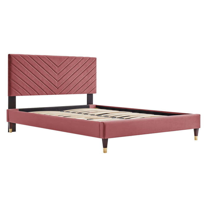 Roxanne Performance Velvet Platform Bed With Wood and Gold Legs