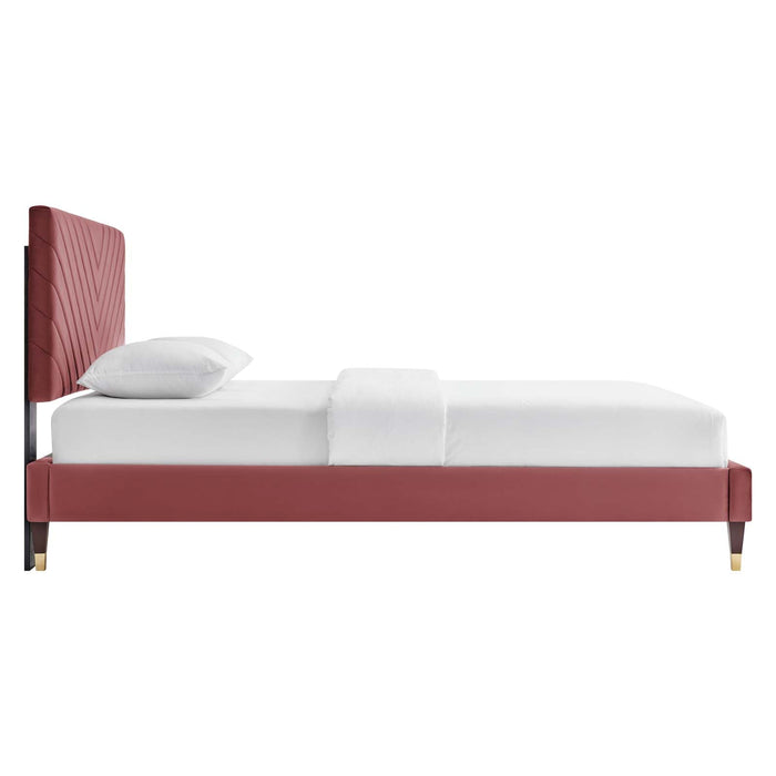 Roxanne Performance Velvet Platform Bed With Wood and Gold Legs