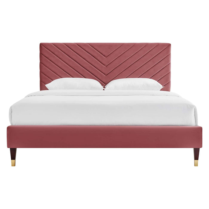 Roxanne Performance Velvet Platform Bed With Wood and Gold Legs