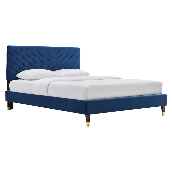 Roxanne Performance Velvet Platform Bed With Wood and Gold Legs