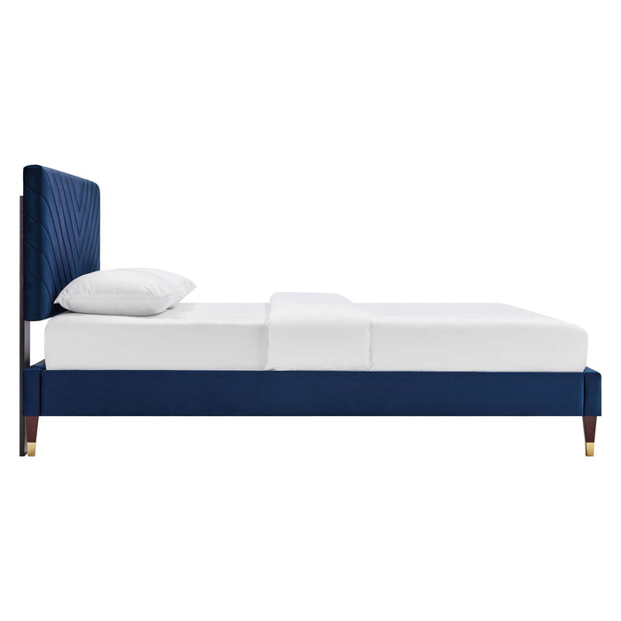 Roxanne Performance Velvet Platform Bed With Wood and Gold Legs