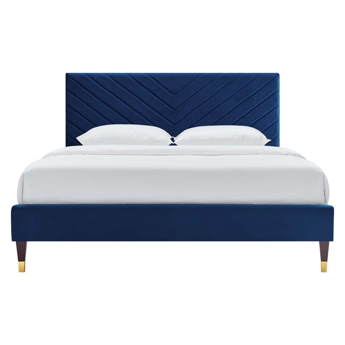 Roxanne Performance Velvet Platform Bed With Wood and Gold Legs