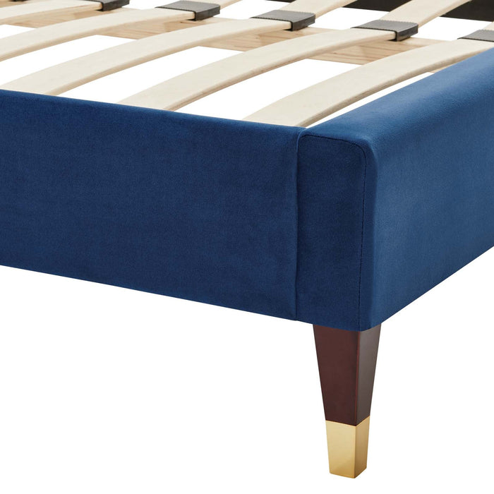 Roxanne Performance Velvet Platform Bed With Wood and Gold Legs
