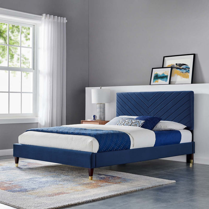 Roxanne Performance Velvet Platform Bed With Wood and Gold Legs