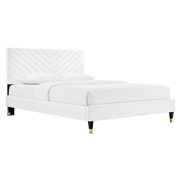 Roxanne Performance Velvet Platform Bed With Wood and Gold Legs