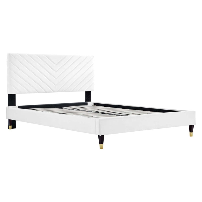 Roxanne Performance Velvet Platform Bed With Wood and Gold Legs