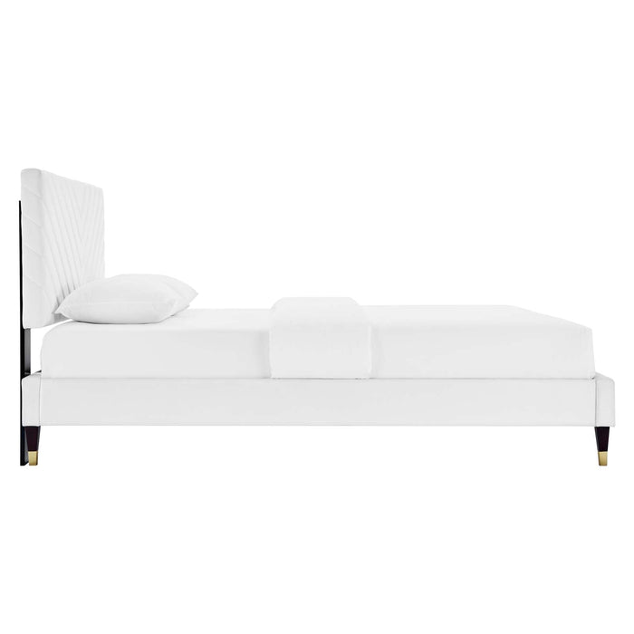 Roxanne Performance Velvet Platform Bed With Wood and Gold Legs
