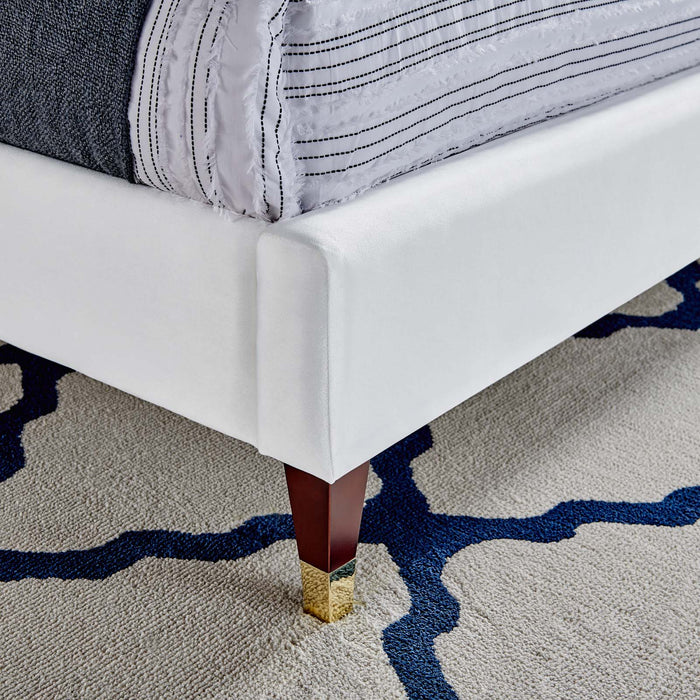 Roxanne Performance Velvet Platform Bed With Wood and Gold Legs
