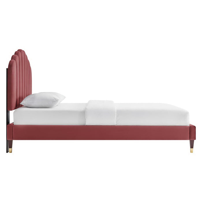 Daisy Performance Velvet Platform Bed Wood and Gold Legs