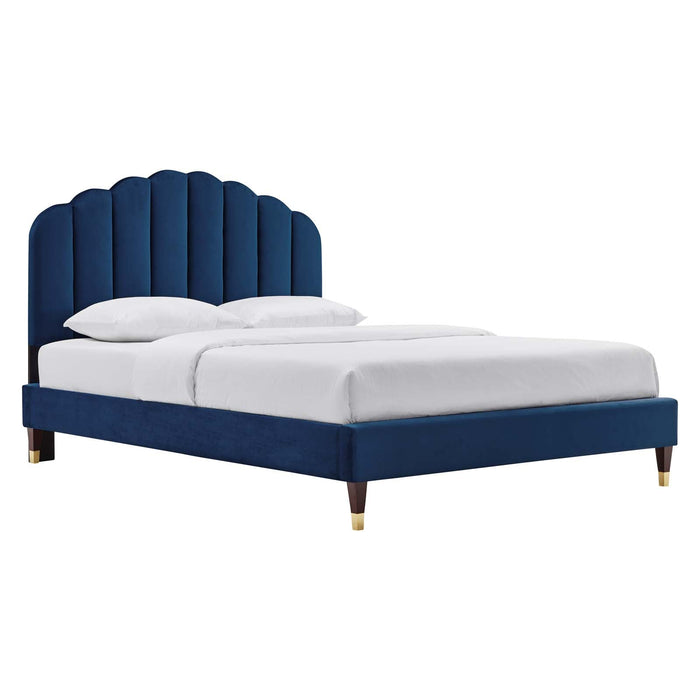 Daisy Performance Velvet Platform Bed Wood and Gold Legs