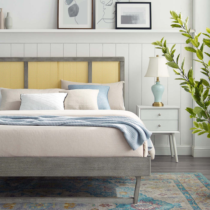 Kelsea Cane and Wood Platform Bed With Angular Legs