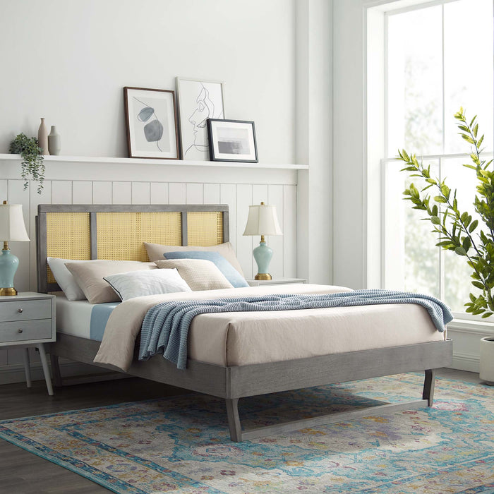 Kelsea Cane and Wood Platform Bed With Angular Legs