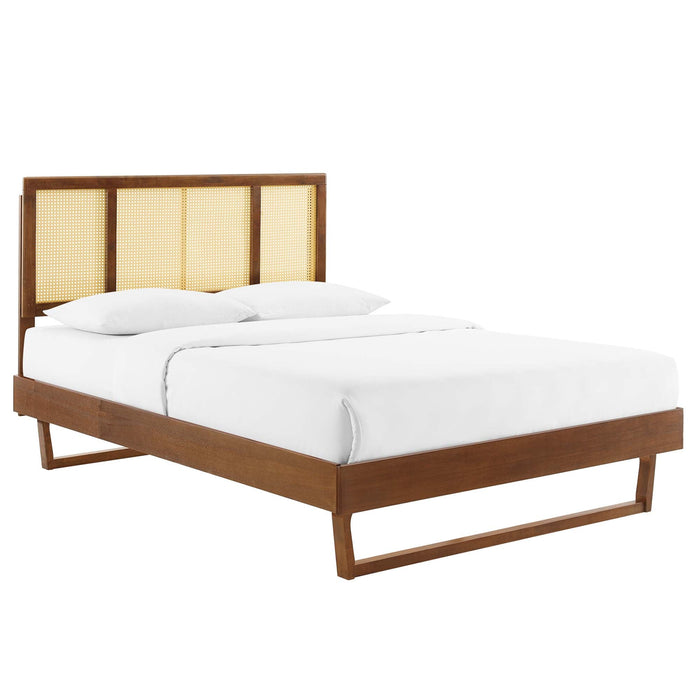Kelsea Cane and Wood Platform Bed With Angular Legs