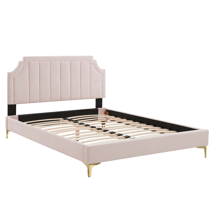 Sienna Performance Velvet Platform Bed With Gold Metal Legs