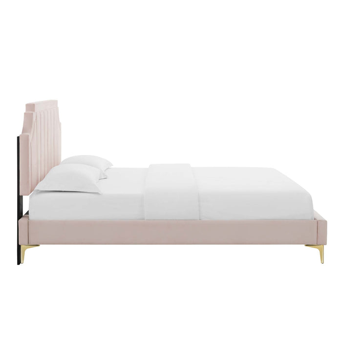 Sienna Performance Velvet Platform Bed With Gold Metal Legs