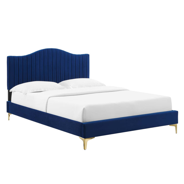 Juniper Channel Tufted Performance Velvet Platform Bed With Gold Metal Legs