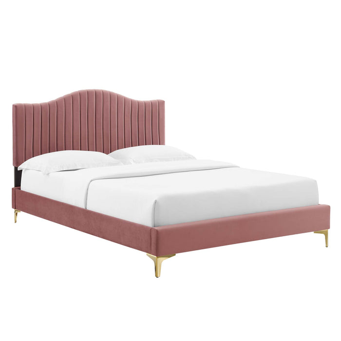 Juniper Channel Tufted Performance Velvet Platform Bed With Gold Metal Legs