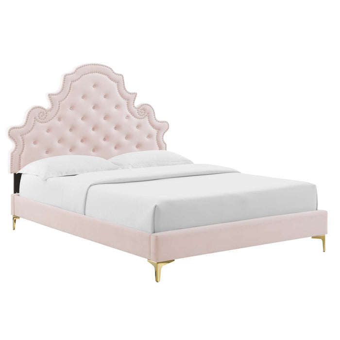 Gwyneth Tufted Performance Velvet Platform Bed With Gold Metal Legs
