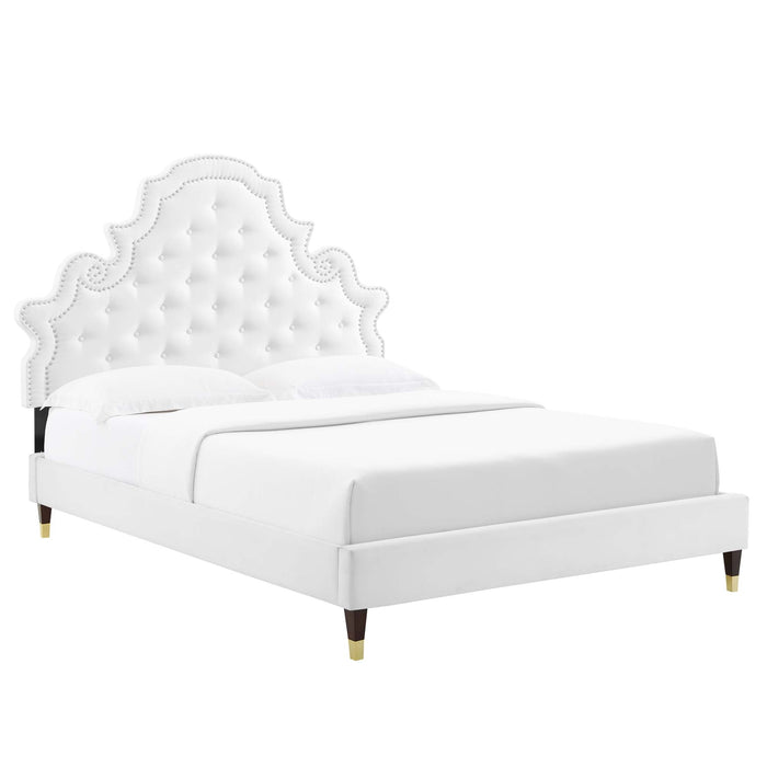 Gwyneth Tufted Performance Velvet Platform Bed With Wood and Gold Legs