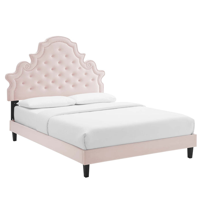 Gwyneth Tufted Performance Velvet Platform Bed With Black Wood Legs