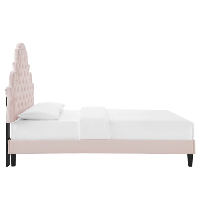Gwyneth Tufted Performance Velvet Platform Bed With Black Wood Legs