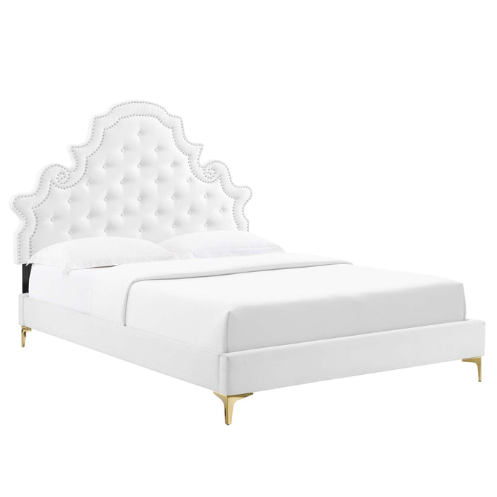 Gwyneth Tufted Performance Velvet Platform Bed With Gold Metal Legs