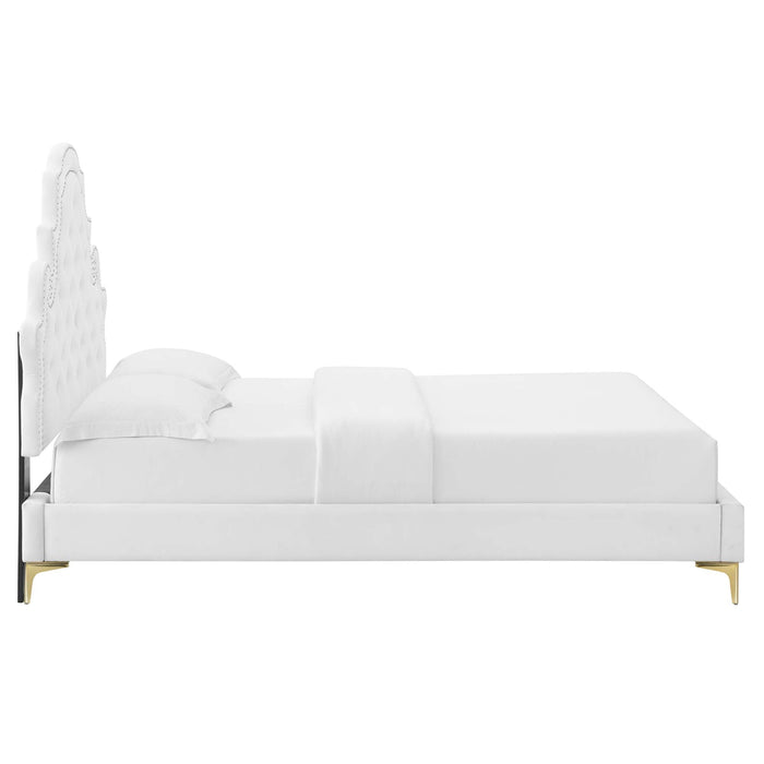 Gwyneth Tufted Performance Velvet Platform Bed With Gold Metal Legs