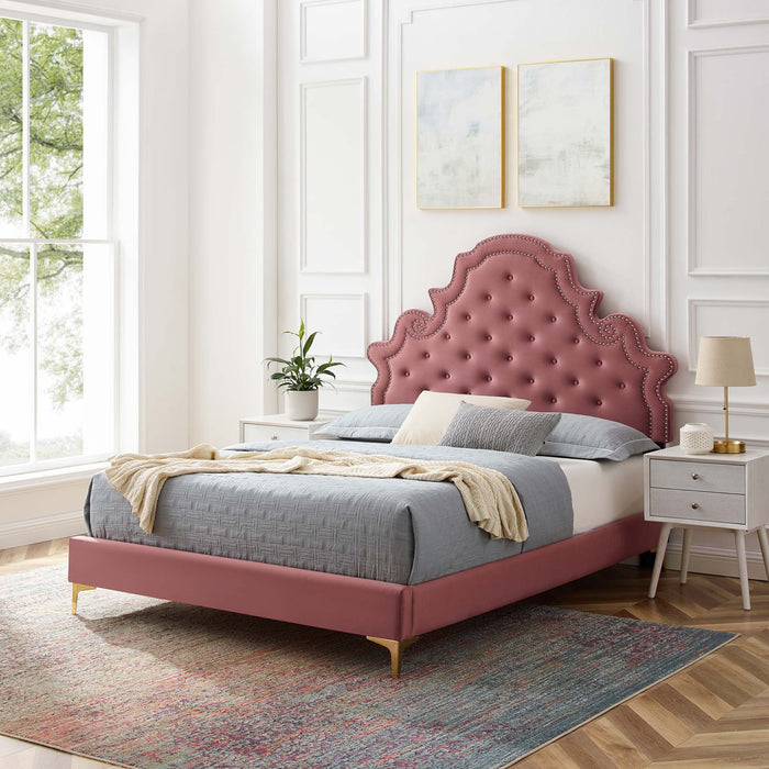 Gwyneth Tufted Performance Velvet Platform Bed With Gold Metal Legs