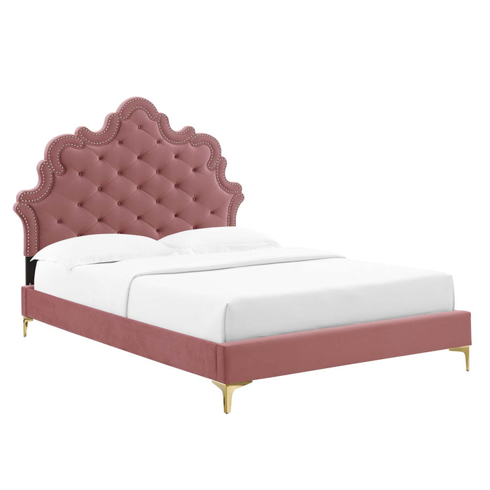 Gwyneth Tufted Performance Velvet Platform Bed With Gold Metal Legs