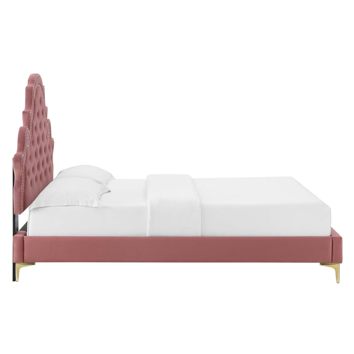 Gwyneth Tufted Performance Velvet Platform Bed With Gold Metal Legs