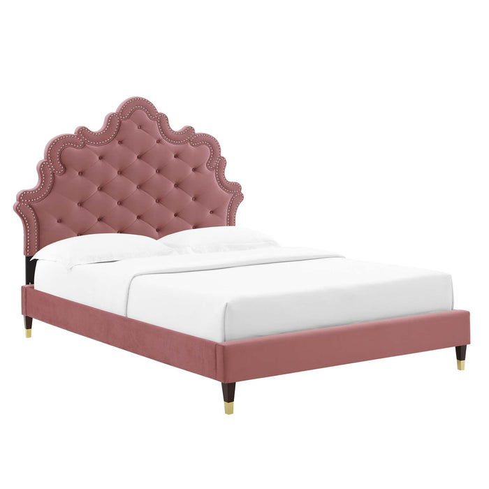 Gwyneth Tufted Performance Velvet Platform Bed With Wood and Gold Legs