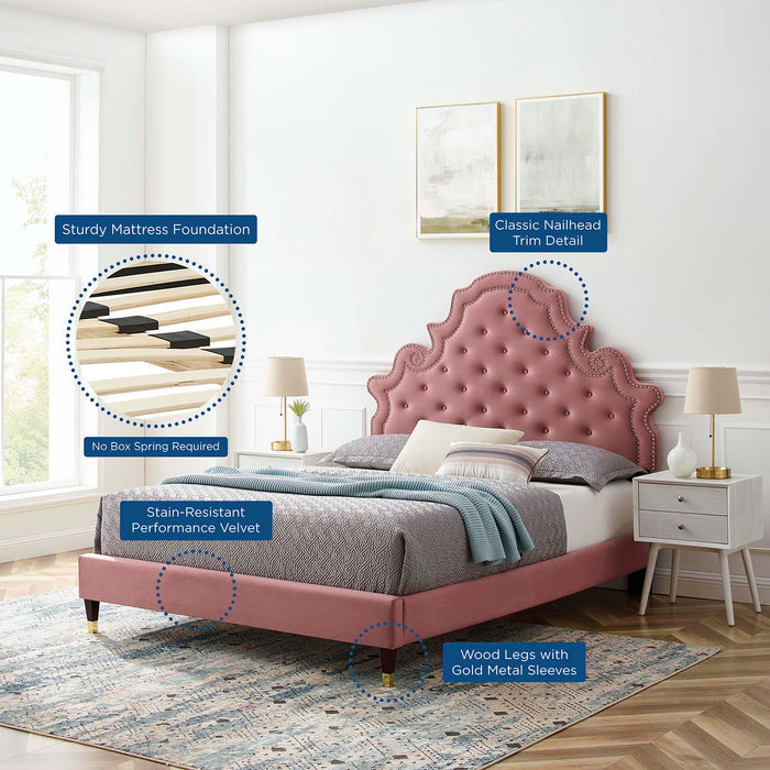 Gwyneth Tufted Performance Velvet Platform Bed With Wood and Gold Legs