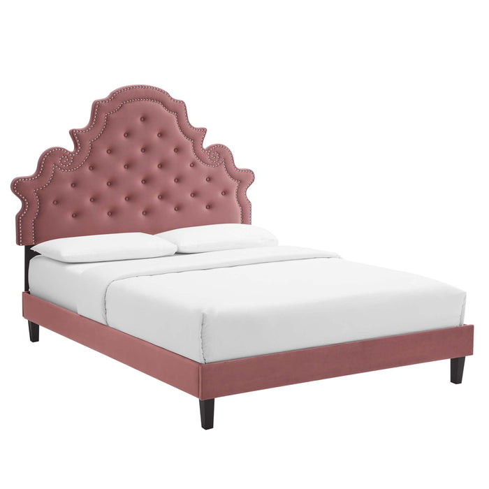 Gwyneth Tufted Performance Velvet Platform Bed With Black Wood Legs