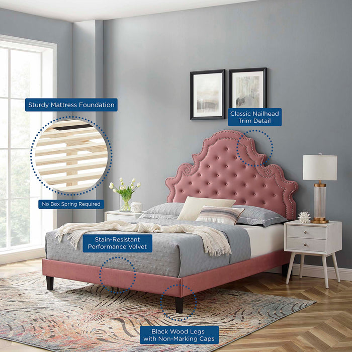 Gwyneth Tufted Performance Velvet Platform Bed With Black Wood Legs