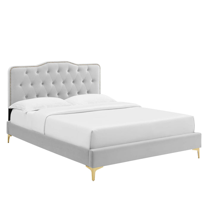 Amber Performance Velvet Platform Bed With Gold Legs
