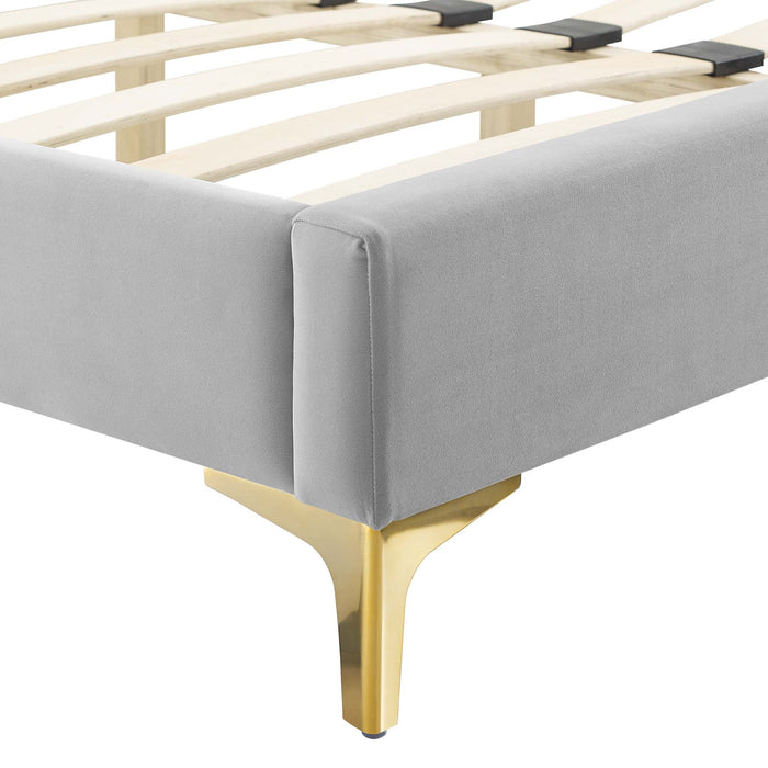 Amber Performance Velvet Platform Bed With Gold Legs