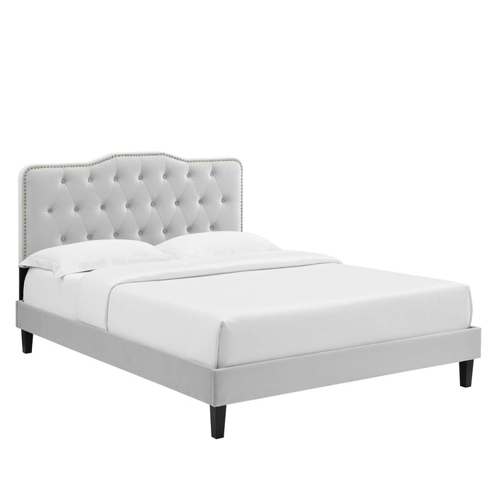 Amber Performance Velvet Platform Bed With Black Wood Legs