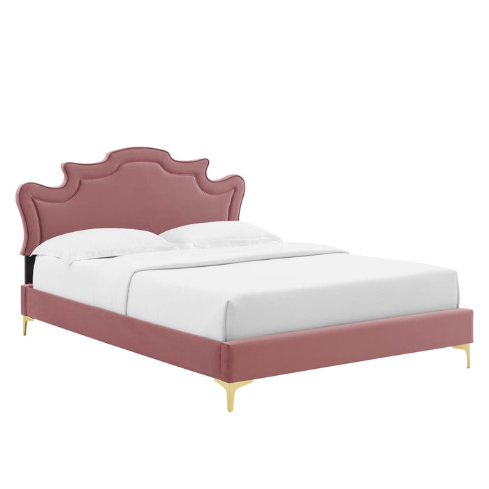 Neena Performance Velvet Bed With Gold Metal Legs