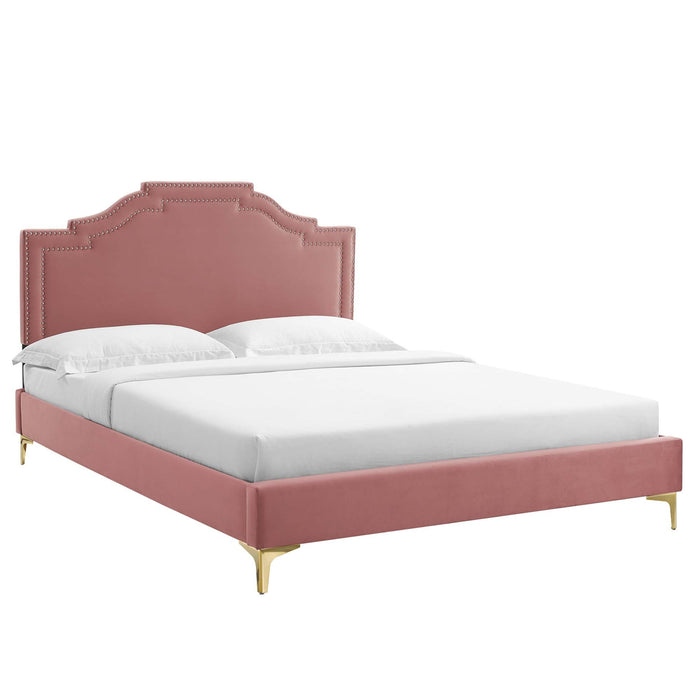 Adelaide Performance Velvet Platform Bed With Gold Metal Legs