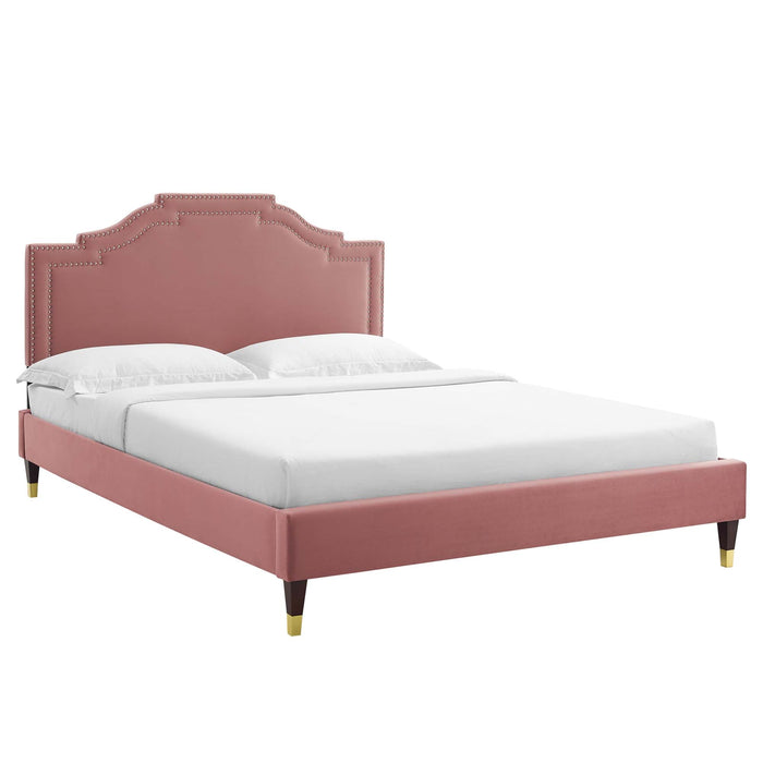 Adelaide Performance Velvet Platform Bed With Wood and Gold Metal Legs