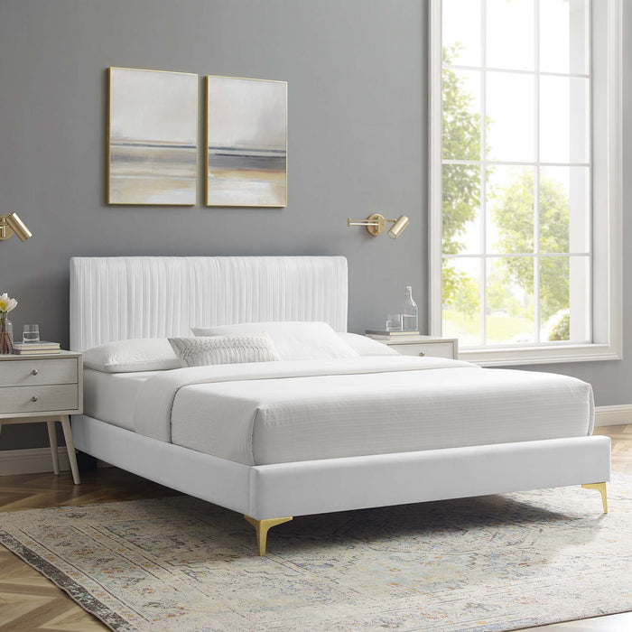Peyton Performance Velvet Platform Bed With Gold Metal Legs